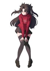 Rule 34 | 1girl, absurdres, black footwear, black hair, black ribbon, black skirt, black thighhighs, cross print, fate/stay night, fate (series), full body, green eyes, hair ribbon, highres, loafers, long hair, long sleeves, miniskirt, pleated skirt, red sweater, ribbon, shoes, simple background, skirt, solo, sweater, tay (cdjk7758), thighhighs, tohsaka rin, two side up, white background, zettai ryouiki