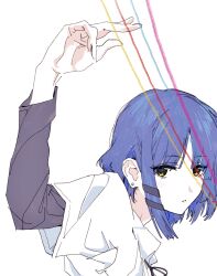 Rule 34 | 1girl, black ribbon, black sleeves, bloom into me15, blue hair, bocchi the rock!, earrings, from side, hair ornament, hairclip, hand up, highres, jewelry, layered sleeves, light blush, long sleeves, looking at viewer, looking to the side, mole, mole under eye, neck ribbon, parted lips, ribbon, shirt, short hair, short over long sleeves, short sleeves, simple background, solo, stud earrings, upper body, white background, white shirt, yamada ryo, yellow eyes