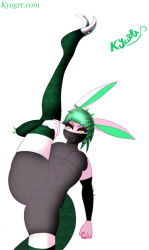 Rule 34 | 1girl, ass, assassin, bodysuit, breasts, rabbit, claws, dinosaur, flexible, green hair, hair over eyes, huge ass, kyegrr, large breasts, leg lift, leggings, mask, ninja, original, pink fur, playboy bunny, reptile, scales, self-upload, sharp teeth, solo, spikes, stretching, teeth, thick thighs, thighhighs, thighs, velociraptor, yellow eyes, yoga