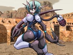 Rule 34 | 1girl, ass, assassinroid (mon-musu quest!), barcode, breasts, claws, cyborg, desert, feet, green hair, horns, large breasts, legs, looking at viewer, mon-musu quest!, monster girl, nipples, open mouth, pointy ears, red eyes, scar, short hair, soles, sweat, thighs, toes, tongue, weapon, xelvy