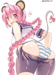 Rule 34 | 1girl, animal ears, ass, bike shorts, blush, braid, braided ponytail, breasts, fake animal ears, from behind, heart, highres, kantai collection, long hair, mouse ears, mouse tail, nenohi (kancolle), open mouth, panties, pink eyes, pink hair, ribbon, sailor collar, school uniform, serafuku, short sleeves, simple background, single braid, solo, spoken heart, striped clothes, striped panties, tail, takase muh, underwear, very long hair, white background