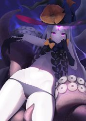 Rule 34 | 1girl, abigail williams (fate), abigail williams (third ascension) (fate), bare shoulders, black bow, black headwear, black panties, bow, breasts, closed mouth, colored skin, fate/grand order, fate (series), forehead, glowing, glowing eye, gooak, hat, highres, keyhole, leaning back, long hair, looking at viewer, multiple bows, navel, orange bow, panties, parted bangs, pink eyes, skull print, small breasts, star (symbol), star print, tentacles, thighs, third eye, underwear, white hair, white skin, witch hat