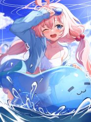 Rule 34 | 1girl, absurdres, ahoge, bikini, blue archive, blue eyes, blue jacket, blush, breasts, cowboy shot, day, eyewear on head, fang, frilled bikini, frills, hair between eyes, hair bobbles, hair ornament, halo, highres, hoshino (blue archive), hoshino (swimsuit) (blue archive), inflatable toy, inflatable whale, jacket, long hair, long sleeves, ocean, official alternate costume, one eye closed, open clothes, open jacket, open mouth, outdoors, pink hair, pink halo, shirokuma (zeroillya), small breasts, smile, solo, sunglasses, swimsuit, water, white bikini