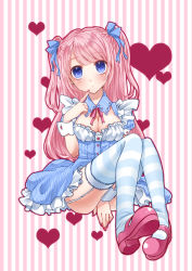 Rule 34 | 1girl, bad id, bad pixiv id, blue eyes, breasts, cleavage, dress, finger to mouth, fingernails, garter straps, heart, long hair, looking at viewer, mary janes, nail polish, original, pink hair, ribbon, shoes, solo, thighhighs, twintails, wrist cuffs, yayoi (egoistic realism)