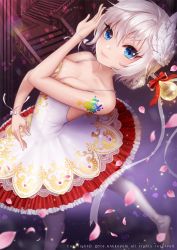 Rule 34 | 10s, 1girl, 2016, ango, ankkoyom, bad id, bad pixiv id, ballerina, blue eyes, braid, breasts, cleavage, collarbone, dress, feather hair, feather hair ornament, feathers, grey hair, hair ornament, highres, indoors, light bulb, looking at viewer, medium breasts, miu (qurare), no bra, pantyhose, petals, qurare magic library, ribbon, smile, solo, stairs, tattoo, watermark, white dress, white feathers, white hair, white pantyhose, wristband
