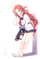 Rule 34 | 1girl, absurdres, against wall, blue archive, blush, commentary request, dated, forehead, full body, game console, grenade launcher, halo, highres, i-tsd, looking at viewer, m320, modular weapon system, red hair, sandals, signature, simple background, solo, stand-alone configuration, trigger discipline, weapon, white background, yuzu (blue archive)
