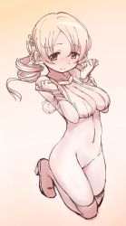 Rule 34 | 1girl, blonde hair, blush, boots, bottomless, breasts, cleavage, cleft of venus, collarbone, drill hair, full body, hair ornament, hairpin, highres, large breasts, mahou shoujo madoka magica, mahou shoujo madoka magica (anime), monochrome, navel, pussy, smile, solo, thigh boots, thighhighs, tomoe mami, twin drills, uncensored, varein0208, yanmaami, yellow eyes