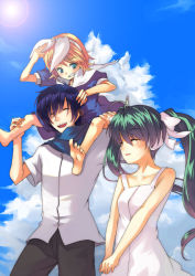 Rule 34 | 1boy, 2girls, barefoot, carrying, clannad, cloud, cosplay, day, dress, closed eyes, feet, furai, furukawa nagisa, furukawa nagisa (cosplay), hatsune miku, kagamine rin, kaito (vocaloid), lens flare, multiple girls, okazaki tomoya, okazaki tomoya (cosplay), okazaki ushio, okazaki ushio (cosplay), sailor dress, sky, smile, soles, spread toes, sundress, toes, vocaloid