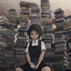 Rule 34 | 2boys, 3girls, black hair, blue eyes, book, brown eyes, brown hair, cellphone, dress, glasses, green eyes, highres, looking down, multiple boys, multiple girls, necktie, open book, open mouth, original, phone, purple eyes, reading, school uniform, short hair, sitting, social commentary, too many, too many books, wariza, yajirushi (chanoma)