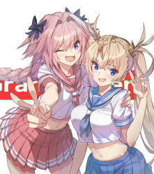 Rule 34 | 1boy, 1girl, ahoge, astolfo (fate), astolfo (sailor paladin) (fate), bad id, bad pixiv id, black bow, blonde hair, blue eyes, blue neckerchief, blue sailor collar, blue skirt, blush, bow, bradamante (fate), braid, breasts, commentary request, crown braid, fang, fate/apocrypha, fate/grand order, fate (series), hair between eyes, hair bow, hair ornament, large breasts, long hair, looking at viewer, matching outfits, midriff, navel, neckerchief, official alternate costume, one eye closed, open mouth, photoshop (medium), pink hair, pink neckerchief, pink sailor collar, pink skirt, pleated skirt, purple eyes, sailor collar, saitou masatsugu, school uniform, serafuku, single braid, skin fang, skirt, smile, trap, twintails, v, very long hair, wavy mouth, white background