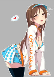 Rule 34 | 10s, 1girl, belt, bent over, black thighhighs, blush, breasts, brown eyes, brown hair, cleavage, flying sweatdrops, grey background, headset, heart, idolmaster, idolmaster cinderella girls, jewelry, large breasts, long hair, looking at viewer, maze (gochama ze gohan), miniskirt, necklace, nitta minami, open mouth, simple background, skindentation, skirt, smile, solo, spoken heart, thighhighs, visor cap, zettai ryouiki