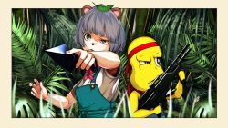 Rule 34 | 1boy, 1girl, animal ears, animal nose, bandana, bandana around neck, black eyes, blue overalls, blurry, blurry foreground, day, green eyes, grey hair, gun, head tilt, headband, holding, holding gun, holding weapon, jungle, kunai, leaf, leaf on head, light machine gun, looking ahead, mode aim, momose nasukura, nature, outdoors, outside border, outstretched arm, overalls, parted lips, peanuts-kun, ponpoko (vtuber), raccoon ears, raccoon girl, red bandana, red headband, red shirt, serious, shirt, short hair, short sleeves, side-by-side, sweat, uneven eyes, upper body, virtual youtuber, weapon, white shirt