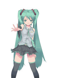 Rule 34 | 1girl, absurdres, detached sleeves, green eyes, green hair, green nails, hatsune miku, highres, long hair, matching hair/eyes, miniskirt, nail polish, necktie, outstretched arm, outstretched hand, reaching, skirt, smile, solo, thighhighs, twintails, very long hair, violent panda, vocaloid, zettai ryouiki