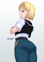 Rule 34 | 1girl, android 18, artist name, ass, belt, blonde hair, blue eyes, crossed arms, denim, dragon ball, dragonball z, earrings, fingerless gloves, flytrapxx, gloves, highres, huge ass, jacket, jeans, jewelry, looking at viewer, necklace, pants, shirt, short hair, short sleeves, solo, tight clothes, tight pants, white shirt
