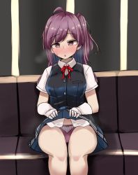 Rule 34 | 1girl, ahoge, black skirt, black vest, brown eyes, clothes lift, dress shirt, gloves, hagikaze (kancolle), highres, kantai collection, long hair, neck ribbon, one side up, panties, pleated skirt, purple hair, purple panties, ribbon, shirt, sitting, skirt, skirt lift, solo, underwear, vest, wasumi kei, white gloves, white shirt