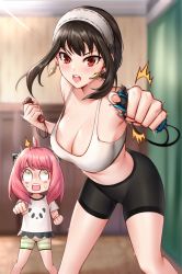 Rule 34 | 2girls, :o, anya (spy x family), bike shorts, black hair, black shorts, blush, breasts, broken, child, cleavage, controller, crop top, exercising, hairband, highres, holding, holding controller, hua-j, indoors, joy-con, large breasts, leaning forward, long hair, looking at another, looking at viewer, medium hair, mother and daughter, multiple girls, nintendo switch, pink hair, punching, red eyes, shorts, sports bra, sportswear, spy x family, striped clothes, striped shorts, surprised, sweat, sweatdrop, thighs, white hairband, white sports bra, wide-eyed, yor briar