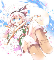 Rule 34 | 1girl, :o, absurdres, blue eyes, blue sky, boots, brown footwear, cherry blossoms, cloud, commentary, day, flower, foreshortening, green skirt, green vest, hair ribbon, highres, ichizen (o tori), knee boots, knee up, konpaku youmu, konpaku youmu (ghost), leaning back, looking at viewer, open mouth, petals, ribbon, scabbard, sheath, short hair, skirt, sky, solo, sword, touhou, unsheathing, vest, weapon, white hair