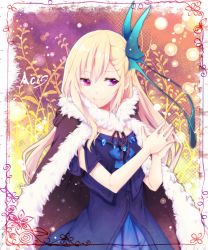 Rule 34 | 1girl, benya (tales weaver), blonde hair, blue dress, butterfly hair ornament, cape, dress, framed, hair ornament, long hair, own hands together, pink eyes, smile, solo, tales weaver, very long hair, yuya (night lily)