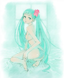 Rule 34 | 1girl, aqua eyes, aqua hair, aqua theme, bad id, bad pixiv id, barefoot, bed, bikini, colored eyelashes, feet, flower, from side, full body, hair flower, hair ornament, hatsune miku, ill-zyon, long hair, looking back, on bed, open mouth, sitting, solo, striped bikini, striped clothes, swimsuit, twintails, very long hair, vocaloid, window