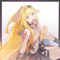 1girl absurdres animal_ears arknights black_choker blonde_hair blue_eyes brigid_(arknights) choker commentary dog_ears donut floppy_ears food highres hood hood_down long_hair looking_at_viewer midriff mouth_hold sitting solo symbol-only_commentary very_long_hair yukuso_(dabiandang)