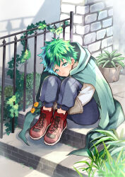 Rule 34 | 1boy, alternate hair color, black pants, blonde hair, bloom, blush, boku no hero academia, brick, bright pupils, brooch, cloak, closed mouth, colored eyelashes, cross-laced footwear, dew drop, flower, flower request, freckles, full body, gloves, green cloak, green eyes, green hair, green pupils, grey gloves, hands under legs, highres, holding, holding flower, hood, hood down, hooded cloak, jewelry, knees to chest, knees up, leaning forward, light, looking at viewer, looking up, male focus, midoriya izuku, multicolored hair, orange flower, outdoors, own hands together, pants, pillar, plant, potted plant, purple hair, railing, raised eyebrows, red footwear, shade, shadow, shirt, shoes, short hair, sidelighting, sitting, sitting on stairs, sneakers, solo, stairs, streaked hair, twitter username, ume (326310), vines, water drop, wavy mouth, white shirt