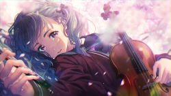 Rule 34 | 1girl, blue hair, blush, bow, bow (music), cardigan, cherry blossoms, crying, crying with eyes open, gradient hair, hair bow, hair pulled back, hand on own stomach, highres, holding, holding bow (music), holding bow (ornament), holding instrument, holding pencil, holding violin, instrument, kiritsuki (crux), light rays, light smile, long sleeves, looking at viewer, lying, medium hair, multicolored hair, on back, on ground, open mouth, original, pencil, purple eyes, purple hair, school uniform, serafuku, short twintails, sleeves past wrists, solo, sweater, tearing up, tears, twintails, two-tone hair, violin, wavy hair