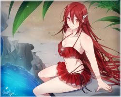 Rule 34 | 1girl, bare shoulders, bikini, bikini skirt, blush, breasts, cleavage, commentary, cordelia (fire emblem), cordelia (summer) (fire emblem), fire emblem, fire emblem awakening, fire emblem heroes, frills, hair ornament, highres, long hair, looking at viewer, medium breasts, nintendo, palm tree, red bikini, red eyes, red hair, sitting, smile, solo, swimsuit, symbol-only commentary, thank you, tree, tusia, very long hair, water