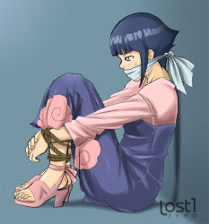 Rule 34 | bdsm, bondage, bound, cloth gag, gag, gagged, high heel sandals, hyuuga hinata, improvised gag, lost one zero, naruto, naruto (series), on floor, over the mouth gag, pink footwear, pink heels, purple hair, siting, tied up (nonsexual)