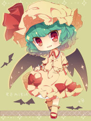 Rule 34 | 1girl, absurdres, bat (animal), bat wings, blue hair, bow, character name, chibi, collared shirt, dududunune8, frilled shirt, frilled shirt collar, frilled sleeves, frills, full body, green bow, hat, head tilt, highres, looking at viewer, mary janes, mob cap, open mouth, pink hat, pink shirt, pink skirt, puffy short sleeves, puffy sleeves, red eyes, red footwear, remilia scarlet, ribbon-trimmed socks, shirt, shoes, short hair, short sleeves, simple background, skirt, solo, touhou, wings