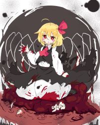 Rule 34 | :q, ahoge, arm up, black skirt, black vest, blonde hair, blood, blood on clothes, blood on face, blood on hands, blush, blush stickers, bow, collared shirt, commentary request, disembodied hand, eyeball, gradient background, guro, hair bow, highres, long sleeves, looking at viewer, pool of blood, red bow, red eyes, red neckwear, rumia, shirt, sitting, skirt, solo, tatutaniyuuto, tongue, tongue out, torn clothes, touhou, vest, white background, white shirt, wing collar
