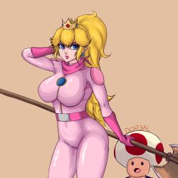 Rule 34 | 1girl, absurdres, axe, breasts, highres, large breasts, long hair, mario (series), nintendo, princess peach, simple background, the super mario bros. movie, toad (mario)
