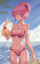 Rule 34 | 1girl, absurdres, bare shoulders, beach, bikini, blue sky, bracelet, breasts, brown eyes, cleavage, cloud, collarbone, commentary request, cowboy shot, day, goback, grin, hair ornament, hair scrunchie, halterneck, halterneck, hand up, highres, idolmaster, idolmaster cinderella girls, jewelry, jougasaki mika, long hair, looking at viewer, medium breasts, multi-strapped bikini, navel, necklace, ocean, outdoors, palm leaf, pink hair, ponytail, scrunchie, sidelocks, sky, smile, solo, standing, stomach, string bikini, swimsuit, thigh gap, thighs, v, water, wet