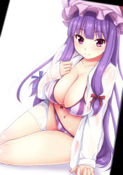 Rule 34 | 1girl, alternate costume, arm support, bikini, bikini under clothes, blush, bow, breasts, cleavage, dress shirt, ebi 193, female focus, front-tie top, hair bow, hat, large breasts, long hair, looking at viewer, navel, patchouli knowledge, purple eyes, purple hair, shirt, simple background, smile, solo, striped bikini, striped clothes, swimsuit, swimsuit under clothes, touhou