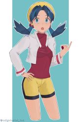 Rule 34 | 1girl, bike shorts, black hair, breasts, commentary request, creatures (company), cropped jacket, game freak, green background, green eyes, hair tie, hand on own hip, hat, highres, holding, holding poke ball, jacket, kris (pokemon), long hair, long sleeves, looking at viewer, nintendo, open clothes, open jacket, osigatoutoi tou, outline, parted bangs, pillarboxed, poke ball, poke ball (basic), pokemon, pokemon adventures, red shirt, shirt, solo, twintails, twitter username, white jacket, yellow hat