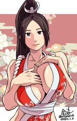 Rule 34 | 1girl, bare shoulders, black eyes, breasts, brown hair, cleavage, fatal fury, hands on own chest, highres, large breasts, long hair, looking at viewer, mimiyama kiichi, ninja, shiranui mai, sleeveless, solo, the king of fighters