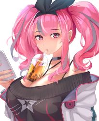 Rule 34 | 1girl, azur lane, bare shoulders, between breasts, black ribbon, black sweater, bra strap, breasts, bremerton (azur lane), bremerton (day-off date) (azur lane), bubble tea, cellphone, choker, cleavage, commentary request, cup, disposable cup, dress, drink, drinking, drinking straw, drinking straw in mouth, ear piercing, grey hair, hair between eyes, hair intakes, hair ornament, hair ribbon, hand up, holding, holding phone, jacket, large breasts, long hair, looking at viewer, multicolored hair, nail polish, no mole, off-shoulder dress, off shoulder, official alternate costume, open clothes, open jacket, partial commentary, phone, piercing, pink eyes, pink hair, pink nails, ribbon, sidelocks, simple background, smartphone, solo, standing, star (symbol), star print, strap between breasts, streaked hair, sweater, sweater dress, tawawa challenge, tucciao, twintails, two-tone hair, upper body, white background, white jacket