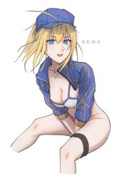 Rule 34 | 1girl, :d, absurdres, ahoge, artoria pendragon (fate), baseball cap, between legs, bikini, bikini top only, blonde hair, blue eyes, blue hat, bottomless, breasts, cleavage, cropped legs, fate/grand order, fate (series), floating hair, hair between eyes, hand between legs, hat, highres, long hair, long sleeves, looking at viewer, medium breasts, mysterious heroine x (fate), mysterious heroine xx (fate), open mouth, senamashiro, shrug (clothing), sideboob, simple background, sitting, sketch, smile, solo, swimsuit, thigh strap, white background, white bikini