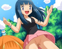 Rule 34 | 1girl, bare shoulders, black shirt, blue eyes, blue hair, cleft of venus, cloud, creatures (company), dawn (pokemon), dutch angle, forest, from below, game freak, gen 4 pokemon, happy, long hair, looking at viewer, lowres, nature, nintendo, no headwear, no panties, outdoors, pink skirt, piplup, pokemoa, pokemon, pokemon (anime), pokemon (creature), pussy, shirt, skirt, sky, sleeveless, sleeveless shirt, smile, sparkle, straight hair, tagme, tree, uncensored, upskirt, wind, wind lift