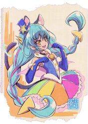 Rule 34 | 1girl, animal ears, aqua hair, artist logo, black choker, blue gloves, blue shirt, braid, cat ears, cat tail, choker, commentary, commentary request, cure cosmo, dress, earrings, elbow gloves, english commentary, extra ears, eyelashes, gloves, graph paper, hair ornament, happy, jewelry, kamikita futago, long hair, looking at viewer, magical girl, mixed-language commentary, multicolored clothes, multicolored hair, multicolored skirt, official art, paper background, pink hair, pointy ears, precure, shirt, skirt, sleeveless, sleeveless shirt, smile, solo, standing, star twinkle precure, streaked hair, tail, twin braids, twintails, two-tone hair, upper body, watercolor background, yuni (precure)