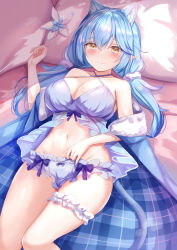 Rule 34 | 1girl, ahoge, animal ear fluff, animal ears, babydoll, bare shoulders, blue coat, blue hair, blush, bow, bow panties, breasts, bridal garter, cat ears, cat tail, cleavage, closed mouth, coat, commentary request, criss-cross halter, elf, extra ears, fang, fang out, flower, fur-trimmed coat, fur trim, hair bow, halterneck, hand up, heart, heart ahoge, highres, hololive, kemonomimi mode, large breasts, lingerie, long hair, looking at viewer, lying, navel, off shoulder, on back, panties, pillow, pointy ears, purple bow, purple panties, skin fang, solo, stomach, tail, underwear, virtual youtuber, white flower, yellow eyes, yuano, yukihana lamy