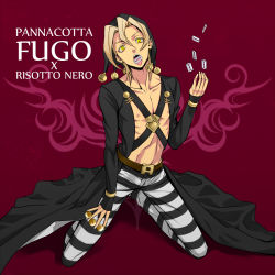 Rule 34 | 1boy, blonde hair, chocolate lover, cosplay, hat, jojo no kimyou na bouken, male focus, mouth hold, pannacotta fugo, pants, razor, risotto nero, risotto nero (cosplay), solo, striped clothes, striped pants, tongue, tongue out, yellow eyes