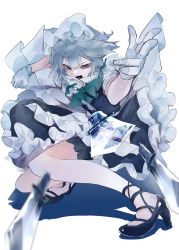 Rule 34 | 1girl, absurdres, apron, black footwear, blue dress, blue eyes, bow, dress, gloves, green bow, green neckwear, hair between eyes, hands up, highres, ikurauni, izayoi sakuya, knife, looking at viewer, maid, maid headdress, open mouth, shadow, shoes, short hair, short sleeves, short twintails, silver hair, simple background, solo, touhou, twintails, v-shaped eyebrows, white background, white gloves, white sleeves