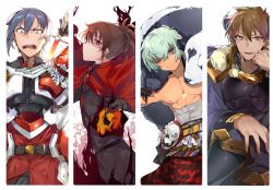 Rule 34 | 4boys, abs, aqua hair, armor, aura, belt, blue eyes, blue hair, brothers, brown hair, check commentary, cloak, commentary request, dark rance, demon boy, glaring, hand on own chin, highres, holding, holding skull, holding sword, holding weapon, horns, looking at viewer, looking to the side, male focus, mask, mouri motonari (rance 10), multicolored hair, multiple boys, muscular, one eye closed, pelt, ponytail, rance (series), rance 10, red eyes, sharp teeth, sheath, shikosour, short hair, siblings, skull, streaked hair, sword, teeth, topless male, unsheathing, weapon, yamamoto rangi, zance leazus