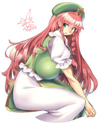 Rule 34 | 1girl, blue eyes, braid, breasts, china dress, chinese clothes, dress, highres, hong meiling, huge breasts, long hair, red hair, side braid, solo, touhou, twin braids, umigarasu (kitsune1963)