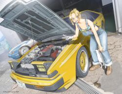 Rule 34 | 1girl, 2024, bandaid, bandaid on arm, blonde hair, blue overalls, blue pants, blush, breasts, breasts apart, brown footwear, car, commentary request, dog, dutch angle, engine, forehead, garage, green sports bra, grey eyes, hair bun, jettoburikku, leaning, looking at viewer, medium breasts, motor vehicle, nissan, nissan 240rs, nissan s12 silvia, nissan s13 silvia, nissan silvia, open mouth, original, overalls, pants, shoes, sidelocks, solo, sports bra, standing, thick eyebrows, v