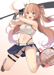Rule 34 | + +, 1girl, asymmetrical gloves, black gloves, black panties, blue skirt, blush, breasts, brown eyes, brown hair, commentary request, crop top, enemy aircraft (kancolle), fingerless gloves, gloves, hair between eyes, highleg, highleg panties, holding, holding weapon, johnston (kancolle), kantai collection, leg warmers, long hair, medium breasts, midriff, mismatched gloves, official alternate costume, open mouth, panties, setsubun, shin (new), simple background, single fingerless glove, skirt, thigh strap, two side up, underwear, weapon, white background