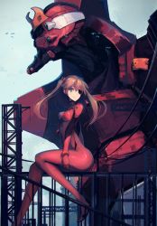 Rule 34 | 1girl, ass, cable, curvy, day, eva 02, evangelion: 3.0 you can (not) redo, eyepatch, from side, full body, hair between eyes, hand on own thigh, highres, long hair, long legs, mecha, neon genesis evangelion, on railing, outdoors, parted bangs, plugsuit, railing, rean (r ean), rebuild of evangelion, robot, scaffolding, sitting, solo, souryuu asuka langley, thighs, twintails, two side up