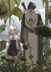 Rule 34 | 1boy, 1girl, :&lt;, ahoge, black dress, chorefuji, closed mouth, cloud, cloudy sky, commentary request, day, dead plants, dress, flower, furry, gloves, grey hair, holding, holom (chorefuji), looking at viewer, looking to the side, multicolored eyes, original, outdoors, plant, robe, short hair, sky, standing, strap, sunflower, tezka (chorefuji)