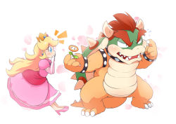 Rule 34 | 1boy, 1girl, blonde hair, blue eyes, blush, bowser, brown hair, collar, covering own mouth, crown, dress, earrings, elbow gloves, fangs, fire flower, flower, gloves, hand over own mouth, high heels, horns, jewelry, long hair, mario (series), nintendo, petals, pink dress, pink footwear, pink gloves, princess peach, sharp teeth, shoes, simple background, spiked collar, spikes, tail, teeth, ukan muri, white background