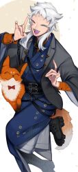 Rule 34 | 1boy, absurdres, animal, black footwear, black jacket, blue eyes, blue kimono, boots, fangs, foot out of frame, fox, fox shadow puppet, hands up, heterochromia, highres, jacket, japanese clothes, kimono, long hair, long sleeves, looking at viewer, male focus, open mouth, orange nails, original, paw print, paw print background, paw print pattern, pink eyes, slit pupils, squinting, white background, white hair, white nails, wide sleeves, yellow background, zzb azz